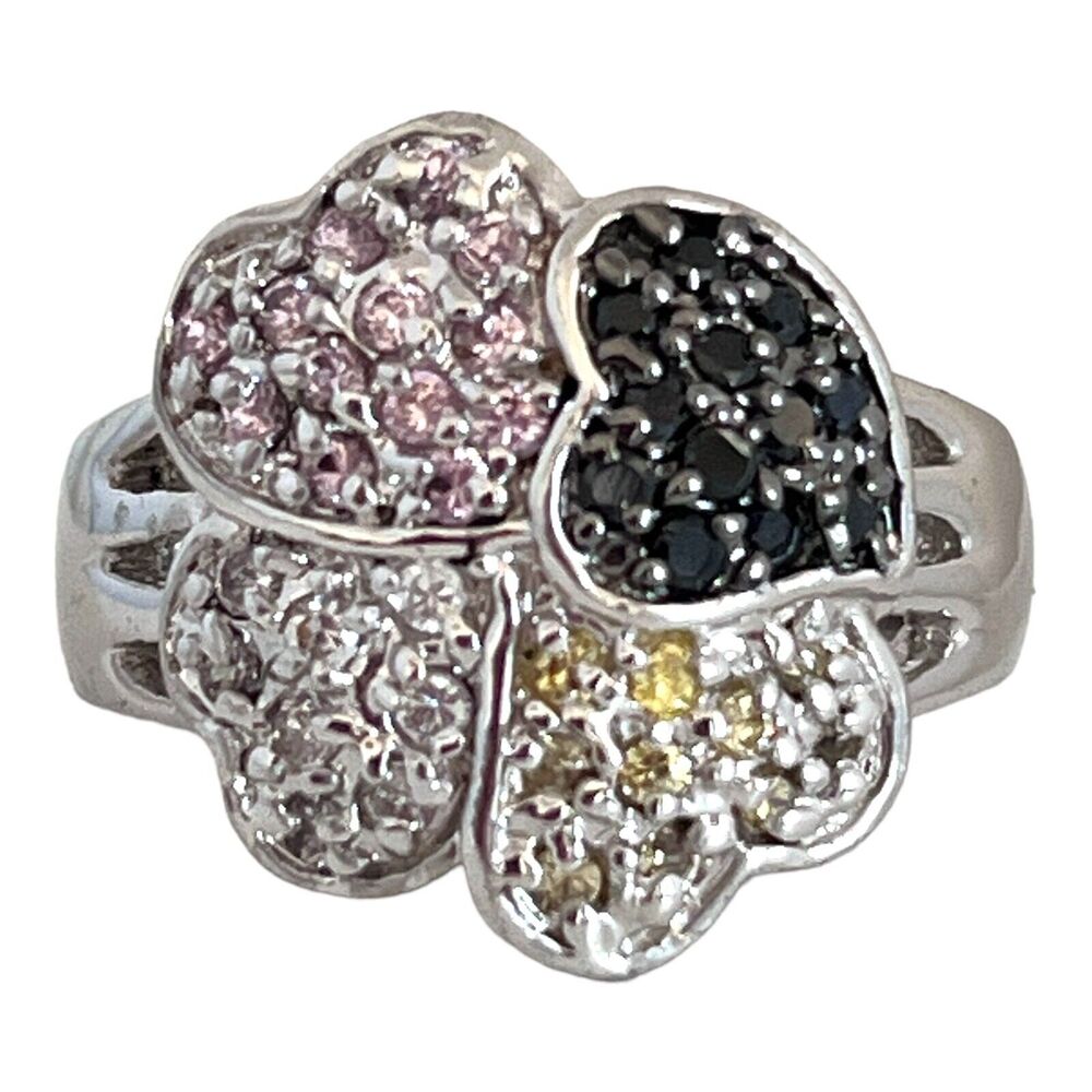 New Four Leaf Clover Heart Ring Black Yellow Clear Crystals Silver Tone - 5Z